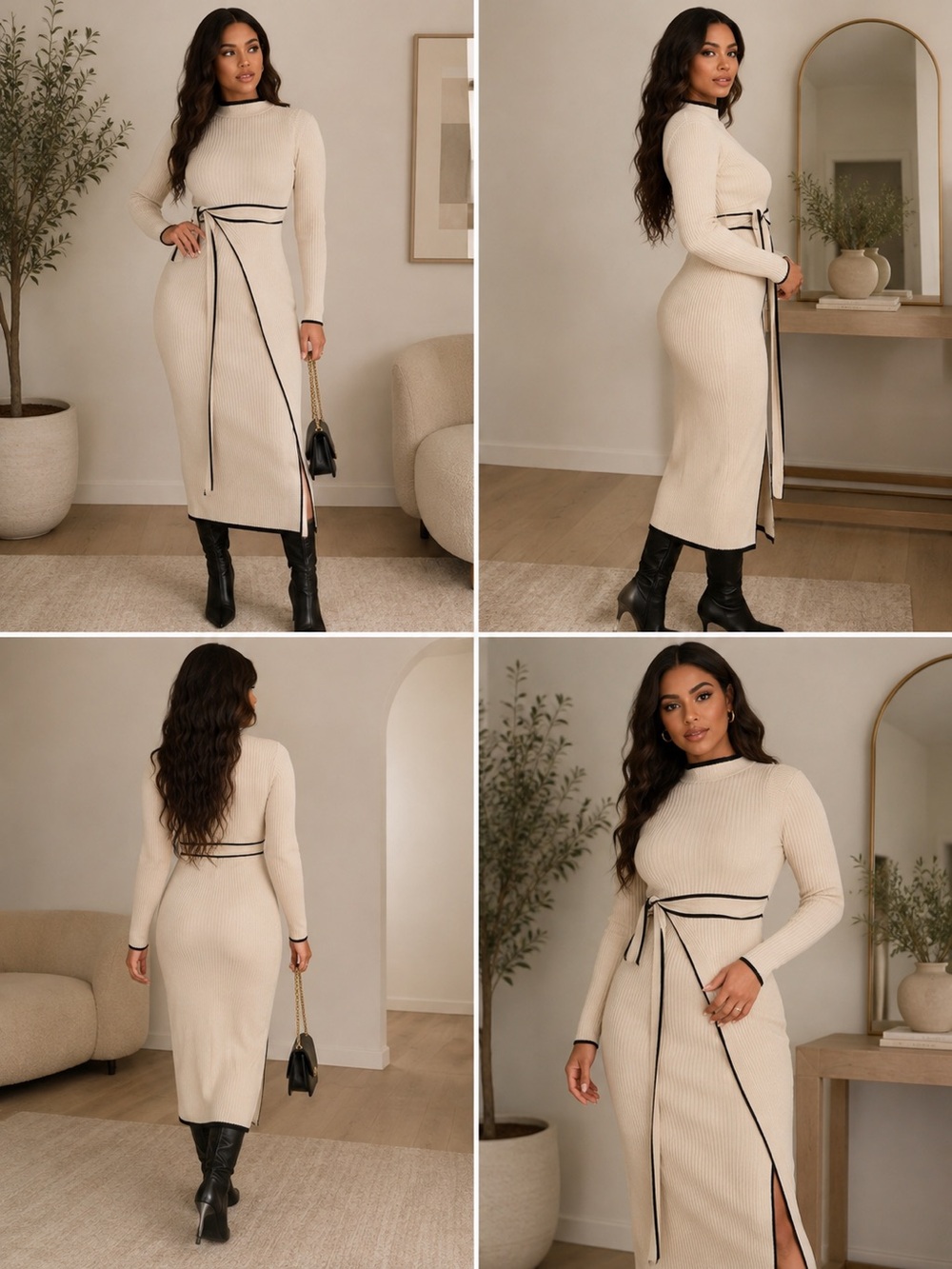 Elegant Cream Ribbed Long Sleeve Midi Dress with Black Trim